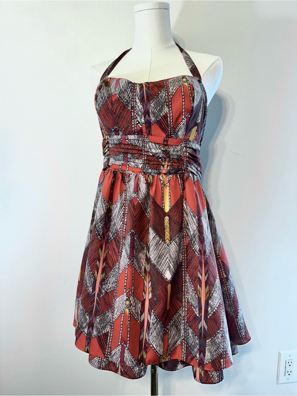 GUESS Los Angeles Size 8 Geometric Halter Fit & Flare Dress Coral Orange Boho Y2